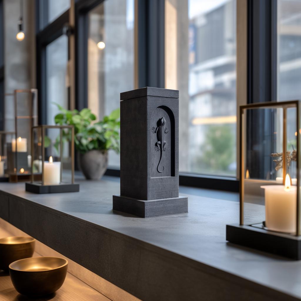 Gecko Pet Ashes Urn Tower | 3D Printed Architectural Memorial Keepsake with Recessed Lizard Relief | Minimal Cremation Decor Sympathy Gift
