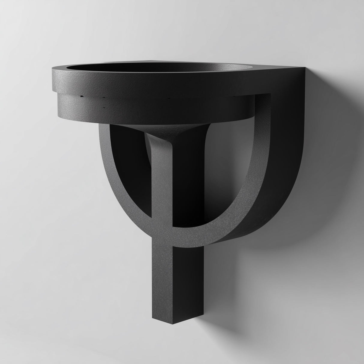 3D printed wall mounted bowl shelf with a round catchall tray and geometric hoop bracket support, visible print texture, mounted on a clean wall.