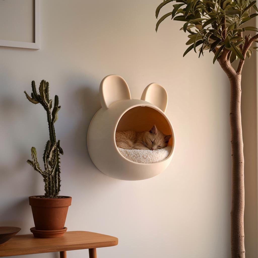 Kawaii Bunny Wall Mounted Cat Bed | 3D Printed Floating Cat Cave Shelf | Minimalist Modern Cat Furniture for Cozy Stylish Interiors