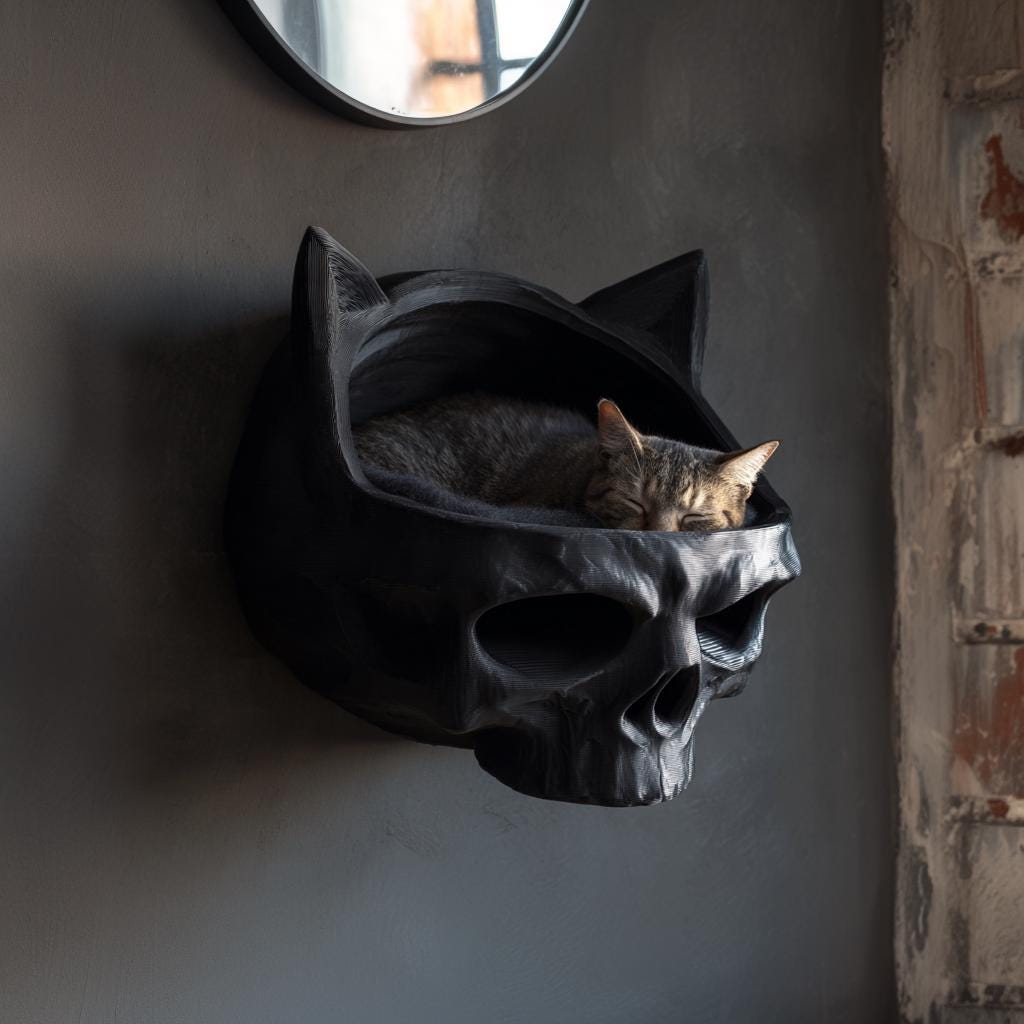 Dark Fantasy Skull Wall Mounted Pet Bed | 3D Printed Gothic Cave Shelf | Floating Black Kitty Lounger for Modern Interiors