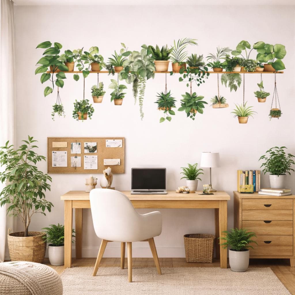 Indoor Plant Shelf Wall Decal | Potted Greenery Mural | Hanging Plant Sticker | Urban Jungle Wall Art | Biophilic Home Decor