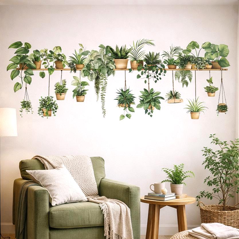 A horizontal illustration of various green houseplants in terracotta and tan pots sitting on a thin wooden shelf against a white background. Several plants feature long vines hanging down from the shelf, while others are upright palms and leafy shrubs. The style is a clean, detailed digital painting.