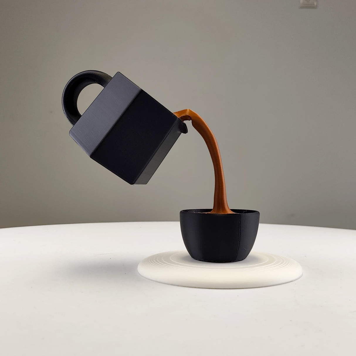 Floating Coffee Pour Sculpture | Black 3D Printed Coffee Art Optical Illusion Kitchen Decor | Coffee Lover Gift Barista Unique Coffee Bar