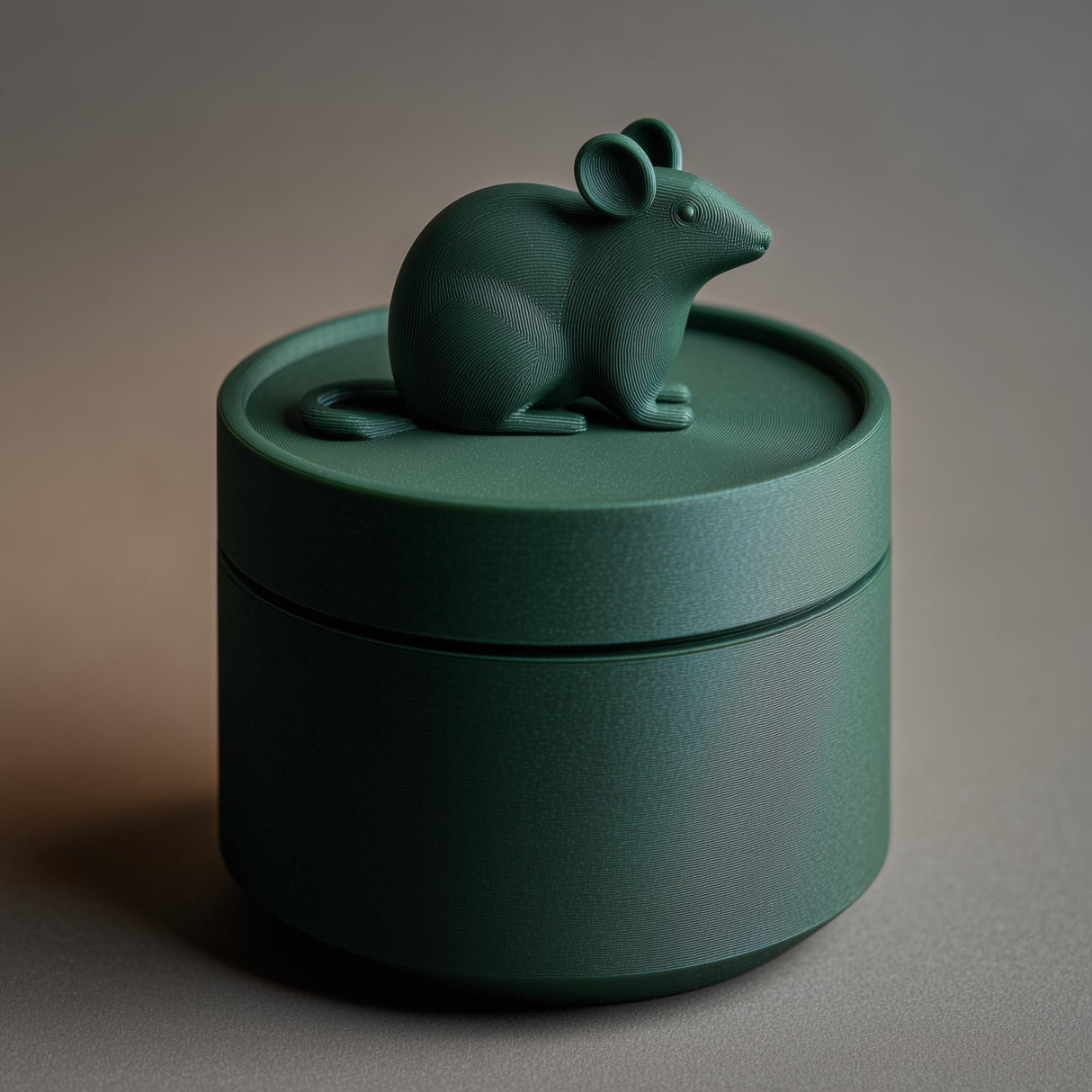 3D printed pet ashes urn with a round lidded container and a small mouse figure on top, visible print texture, photographed on a neutral studio background.