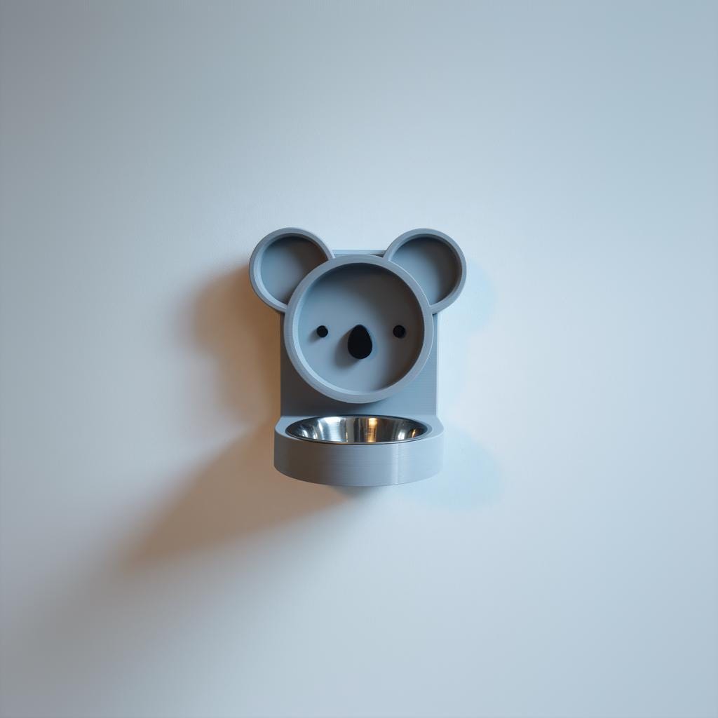 Koala Wall Mounted Pet Bowl Holder Frame | 3D Printed Cute Raised Feeder for Cat or Small Dog | Kawaii Feeding Station Home Decor