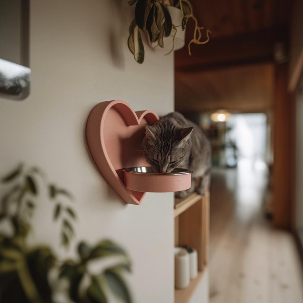 Heart Wall Mounted Pet Bowl Holder | 3D Printed Raised Feeder Frame for Cat or Small Dog | Cute Feeding Station Home Decor Wall Feeder Stand