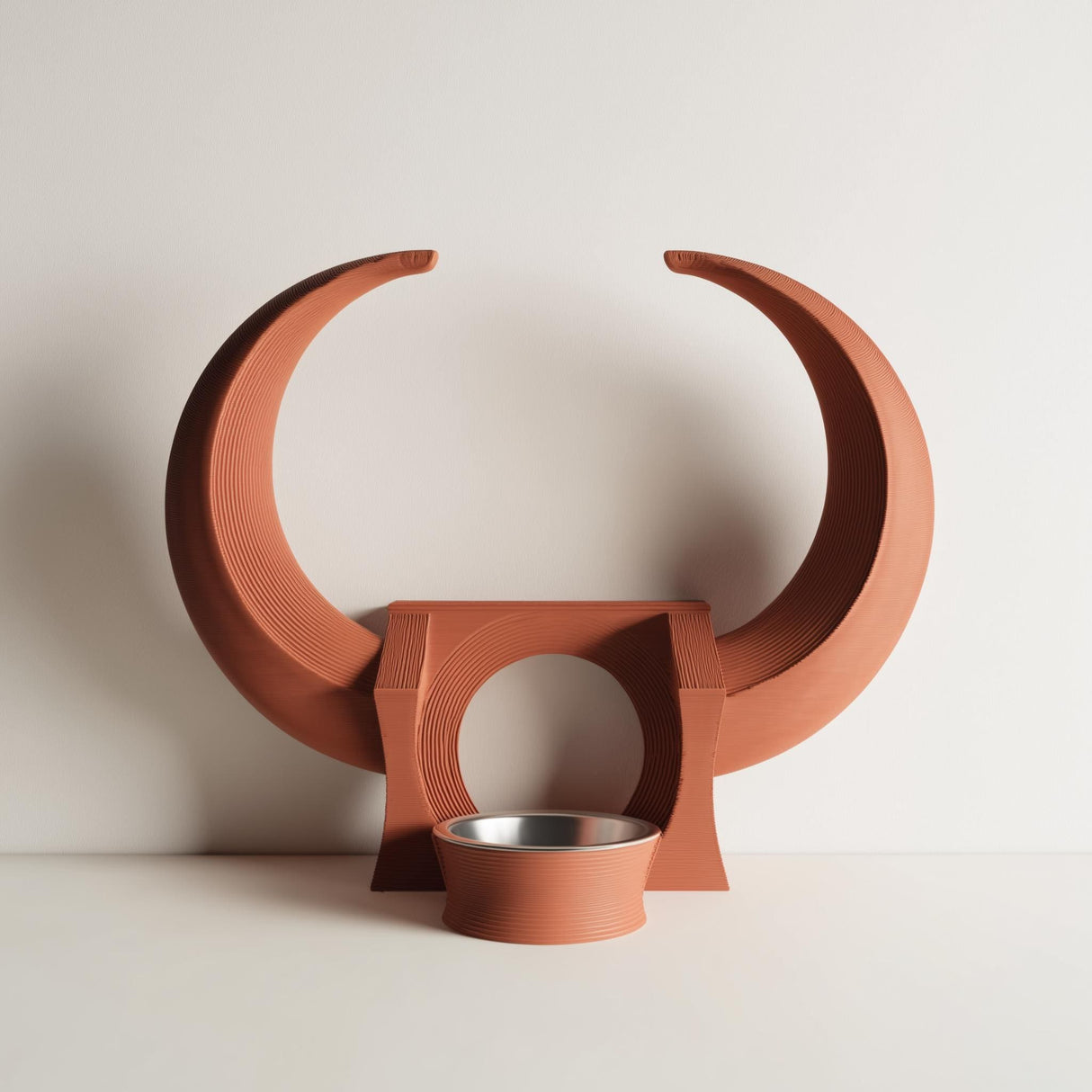 3D printed fantasy horned pet bowl holder stand with a sculptural crescent horn frame and circular opening, shown with a metal bowl insert on a clean background.