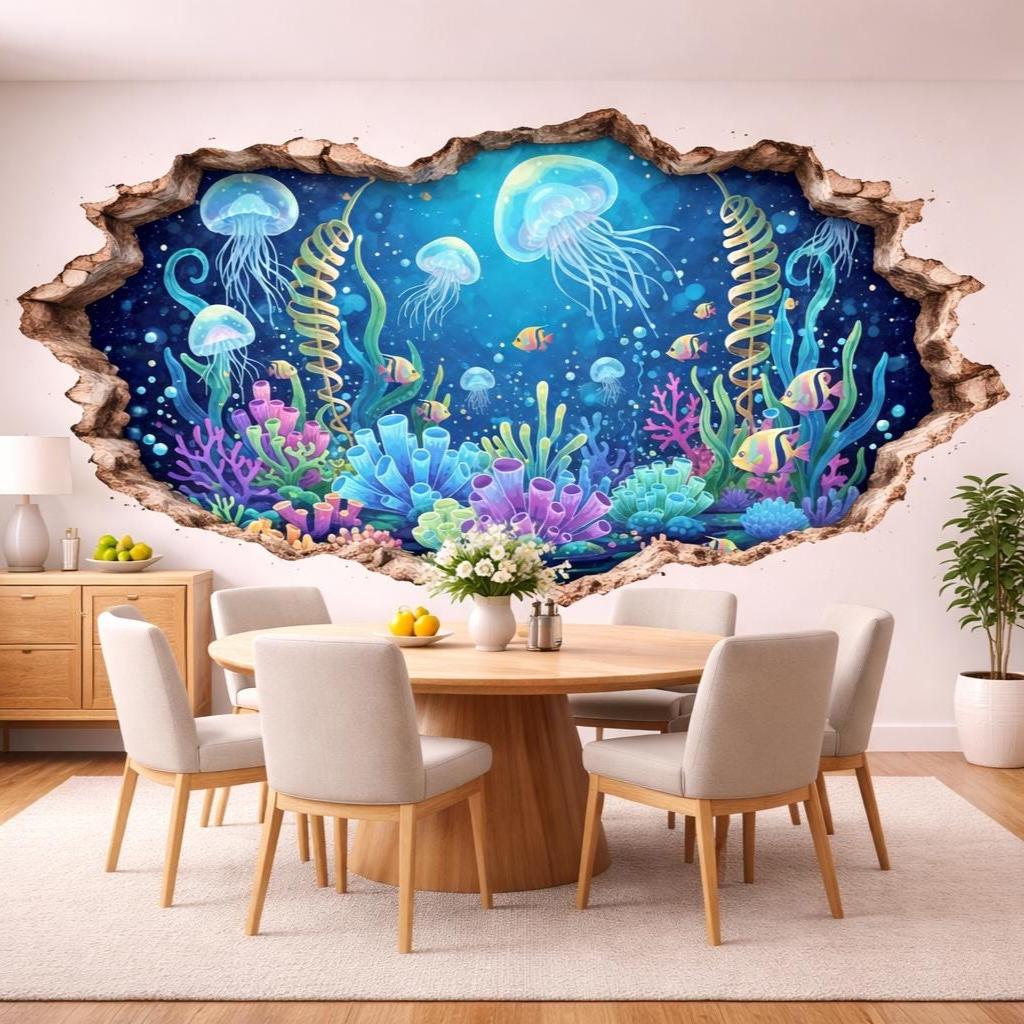 3D underwater wall vinyl decal with a broken wall illusion showing glowing jellyfish, colorful coral reef, and tropical fish in deep blue ocean water.