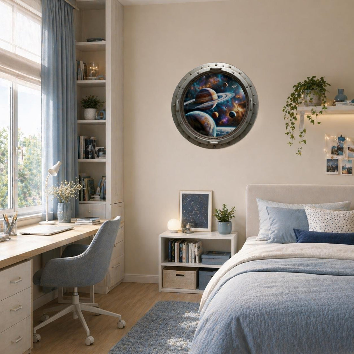 Space Porthole Wall Vinyl Decal | 3D Galaxy Planets Window Sticker | Sci Fi Spaceship Wall Art | Kids Room Teen Bedroom Decor