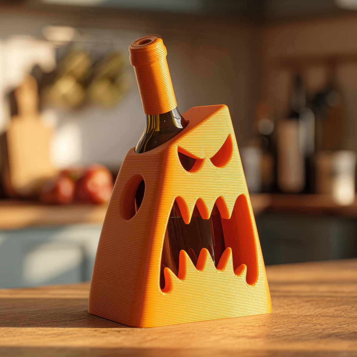 3D printed orange monster wine bottle holder with sharp teeth holding a standard wine bottle on a kitchen counter.