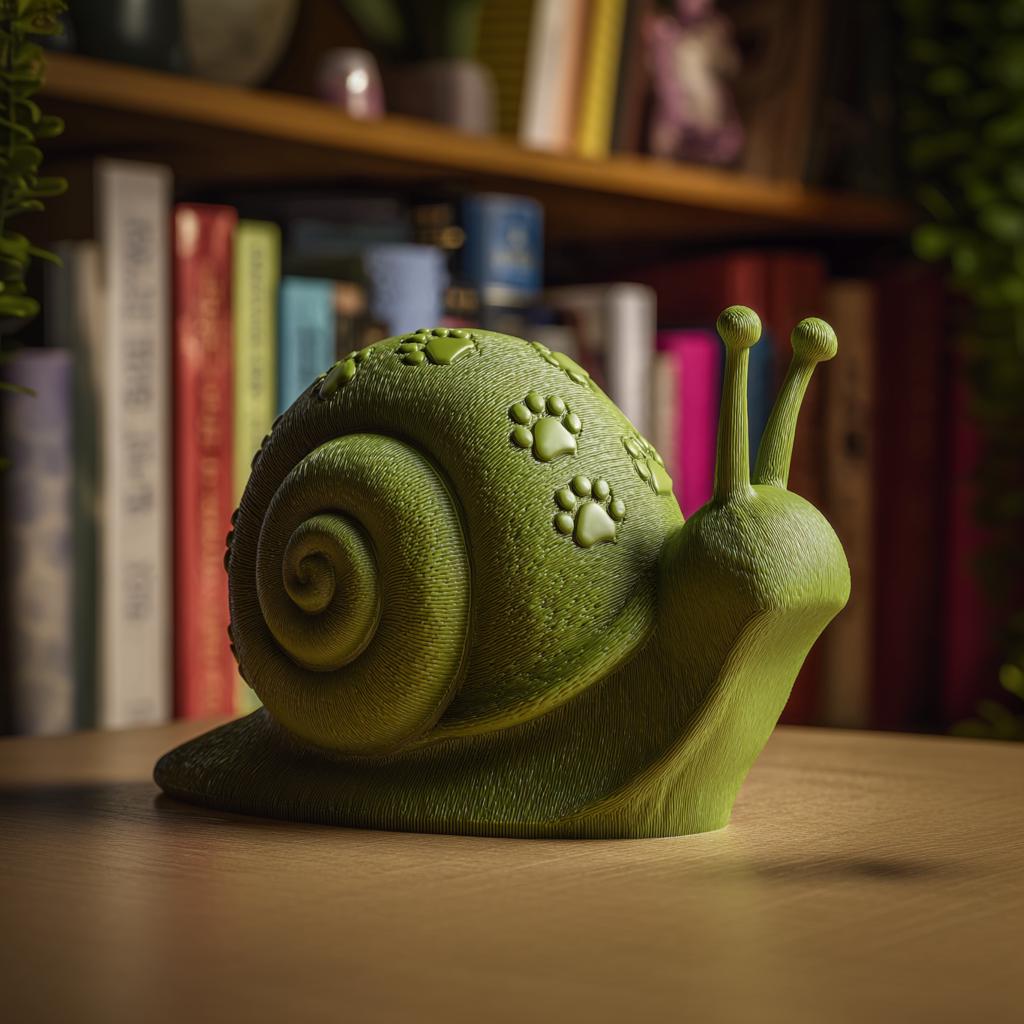 Snail Sculpture Shelf Decor | 3D Printed Animal Figurine with Paw Print Shell for Bookshelf Desk and Cozy Home Accent Display Art Gift Set