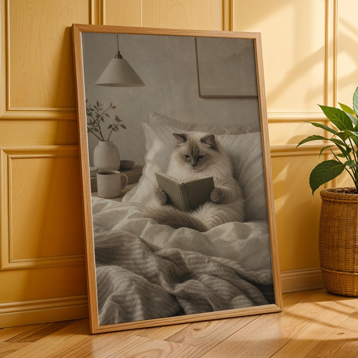 Ragdoll Cat Reading in Bed Poster | Modern Gouache Cat Wall Art | Warm Beige Oat Milk Decor | Cozy Minimalist Bedroom Print | Cat Lover Gift