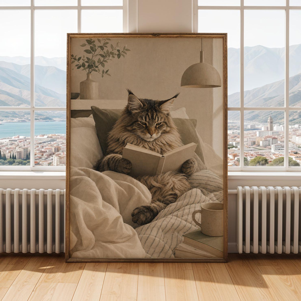 Maine Coon Cat Reading in Bed Poster | Scandinavian Gouache Cat Wall Art | Warm Beige Oat Milk Decor | Cozy Nordic Bedroom Print