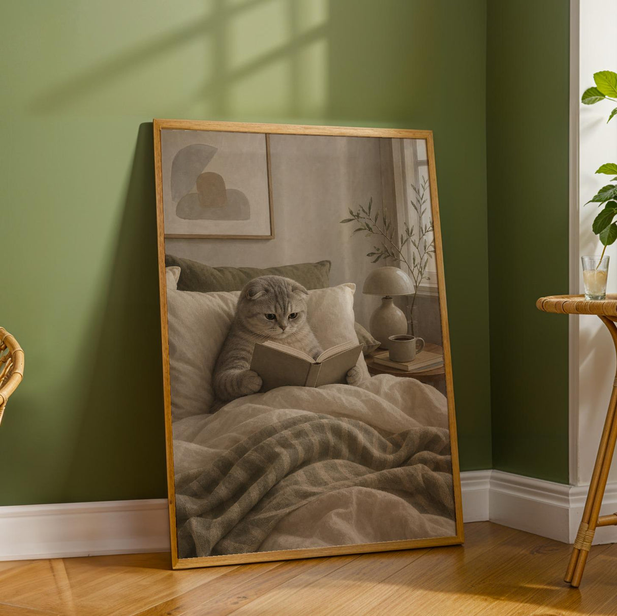 Scottish Fold Cat Reading in Bed Poster | Modern Gouache Cat Wall Art | Warm Beige Oat Milk Decor | Cozy Minimalist Bedroom Print