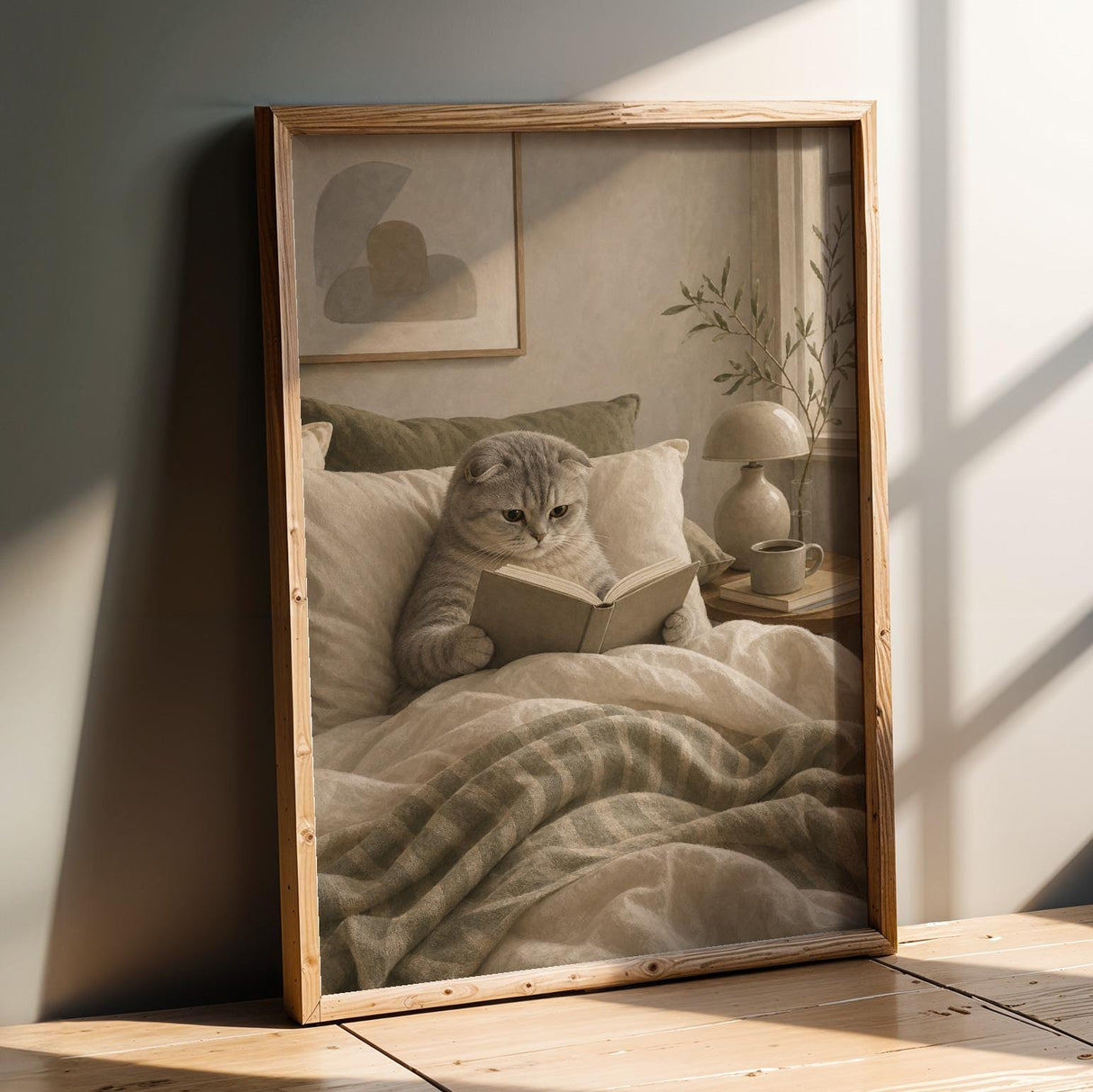 Scottish Fold Cat Reading in Bed Poster | Modern Gouache Cat Wall Art | Warm Beige Oat Milk Decor | Cozy Minimalist Bedroom Print