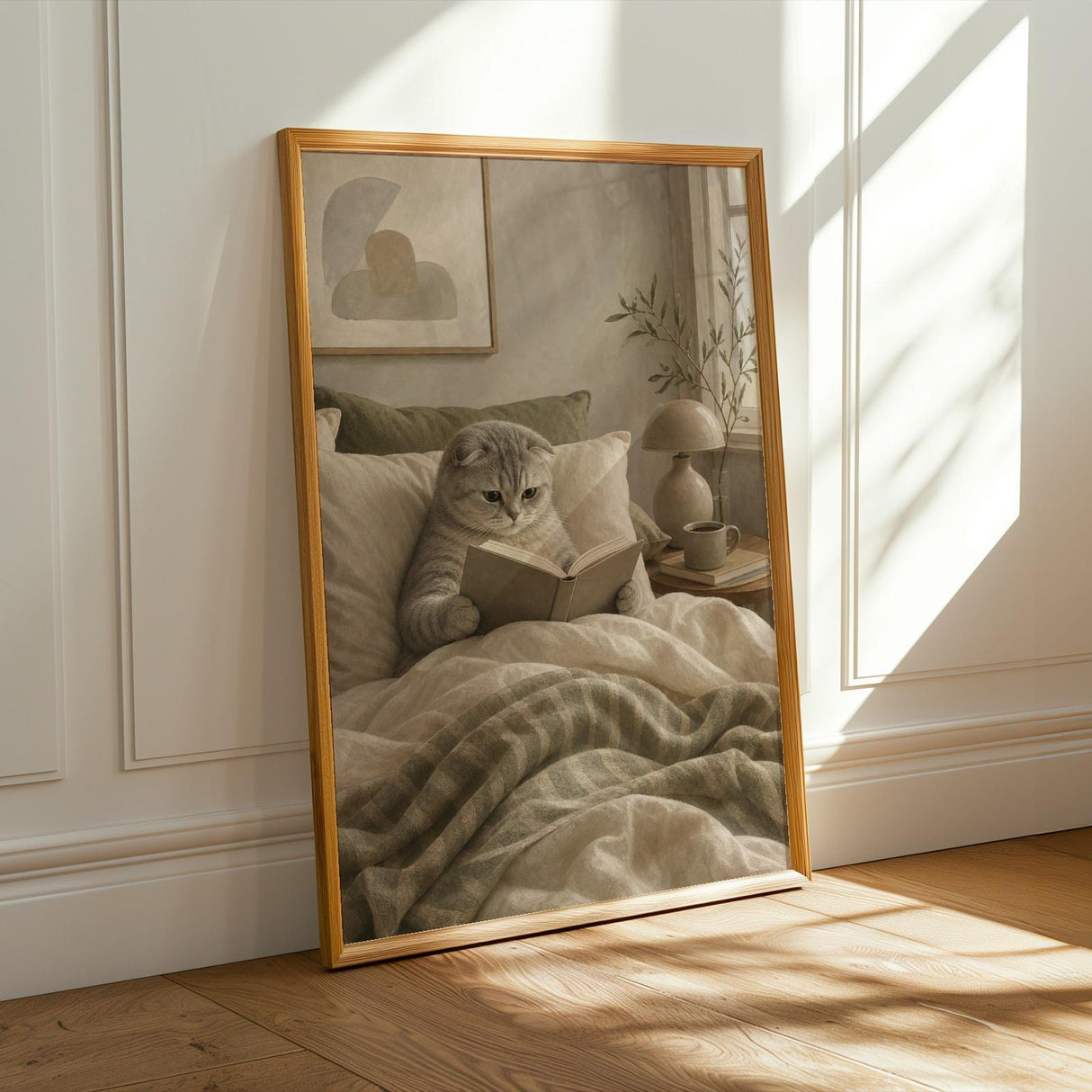 Scottish Fold Cat Reading in Bed Poster | Modern Gouache Cat Wall Art | Warm Beige Oat Milk Decor | Cozy Minimalist Bedroom Print