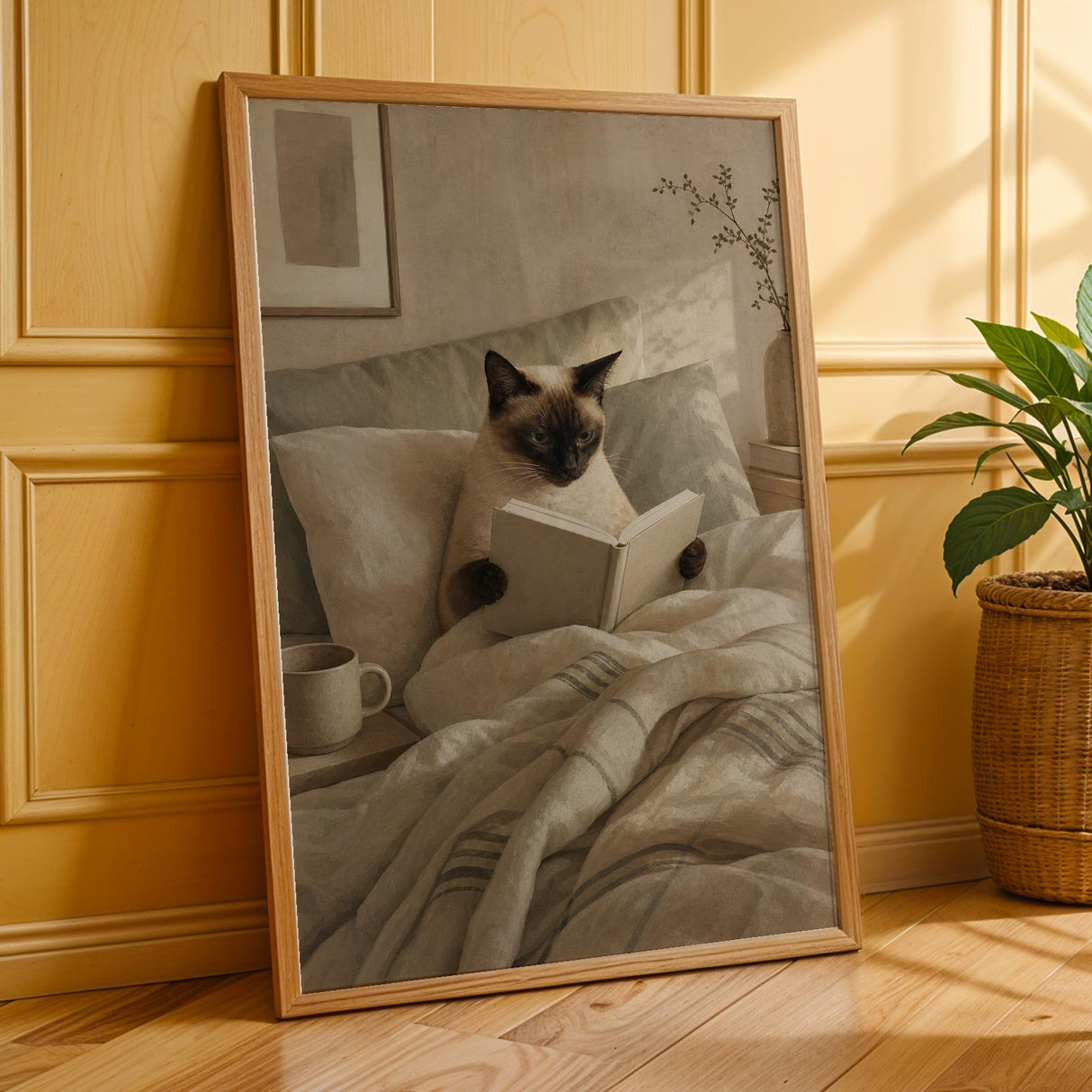 Siamese Cat Reading in Bed Poster | Scandinavian Gouache Cat Wall Art | Beige Ivory Nordic Decor | Cozy Minimalist Bedroom Print