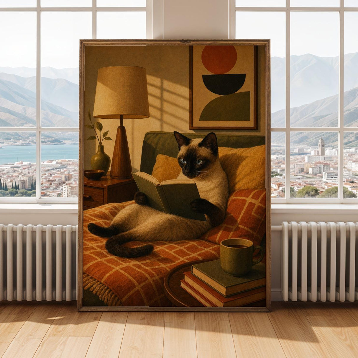 Siamese Cat Reading in Bed Poster | Modern Minimalist Cat Wall Art | Neutral Contemporary Living Room Print | Cozy Bedroom Home Decor