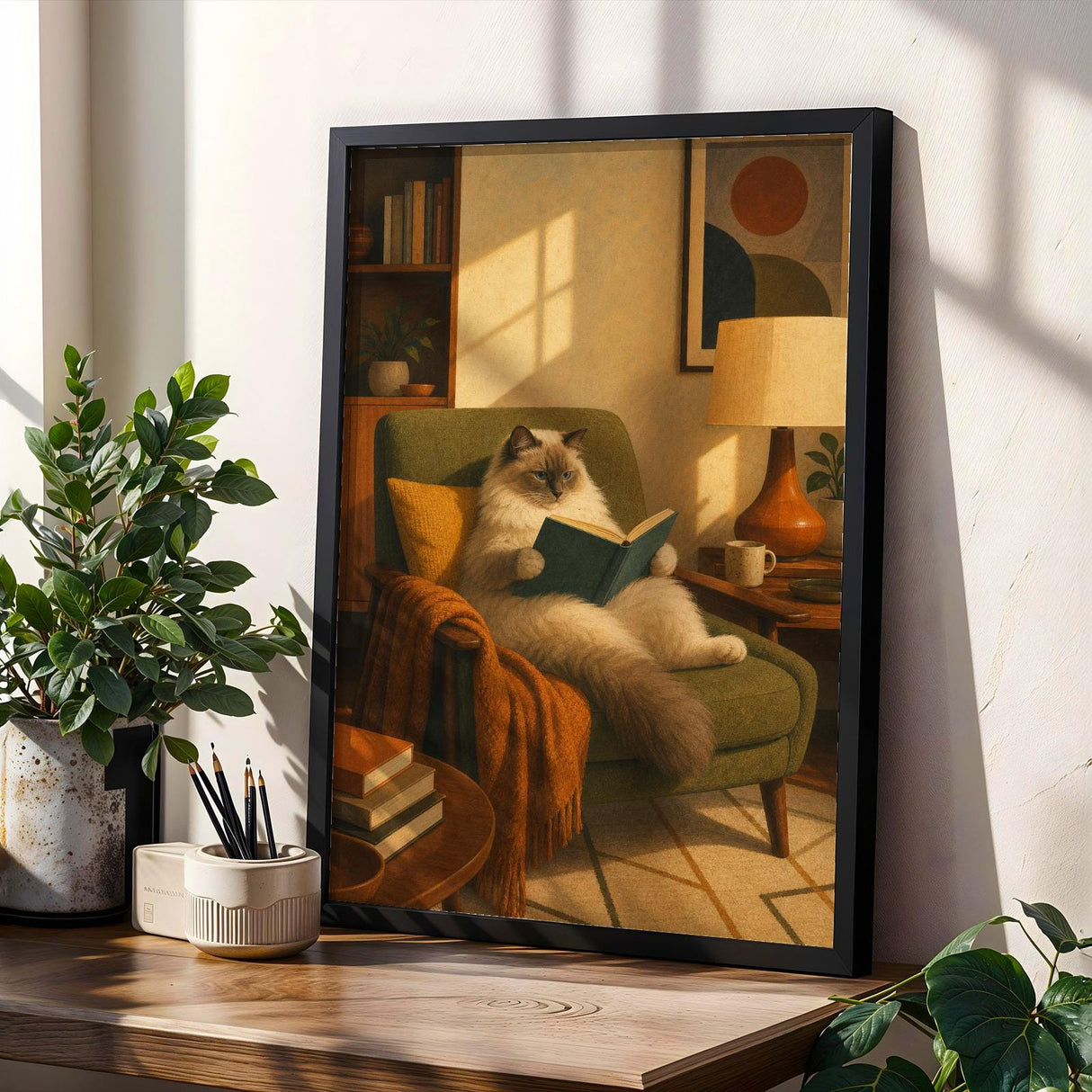 Ragdoll Cat Reading in Armchair Poster | Retro Painterly Cat Wall Art | Olive Green Burnt Orange Decor | Cozy Mid Century Living Room Print