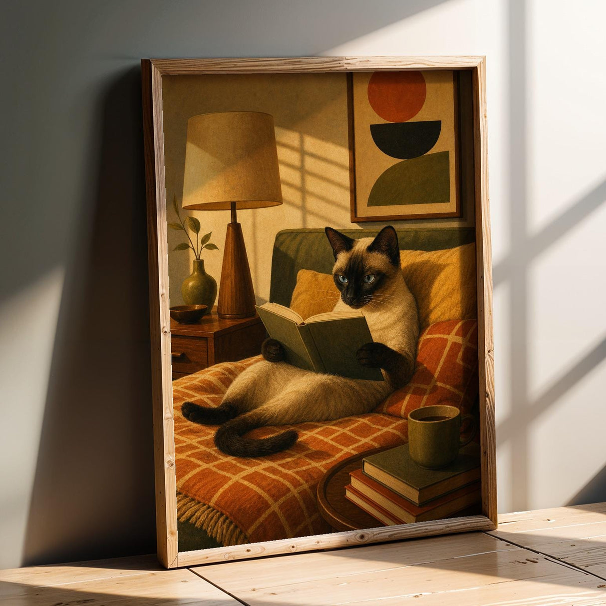 Siamese Cat Reading in Bed Poster | Modern Minimalist Cat Wall Art | Neutral Contemporary Living Room Print | Cozy Bedroom Home Decor