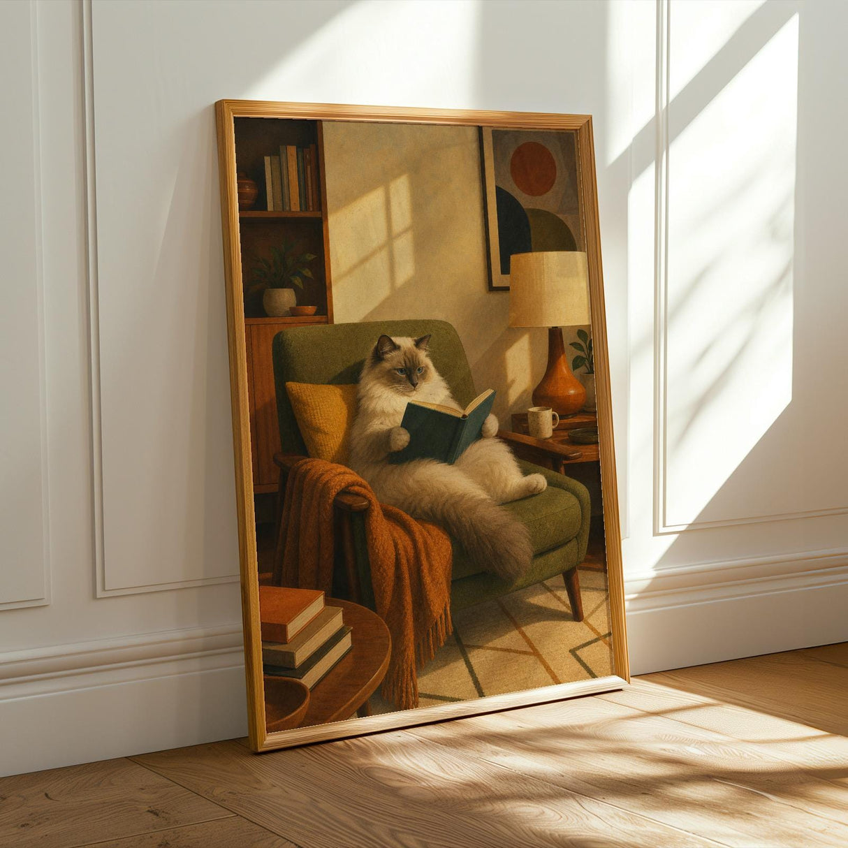 Ragdoll Cat Reading in Armchair Poster | Retro Painterly Cat Wall Art | Olive Green Burnt Orange Decor | Cozy Mid Century Living Room Print