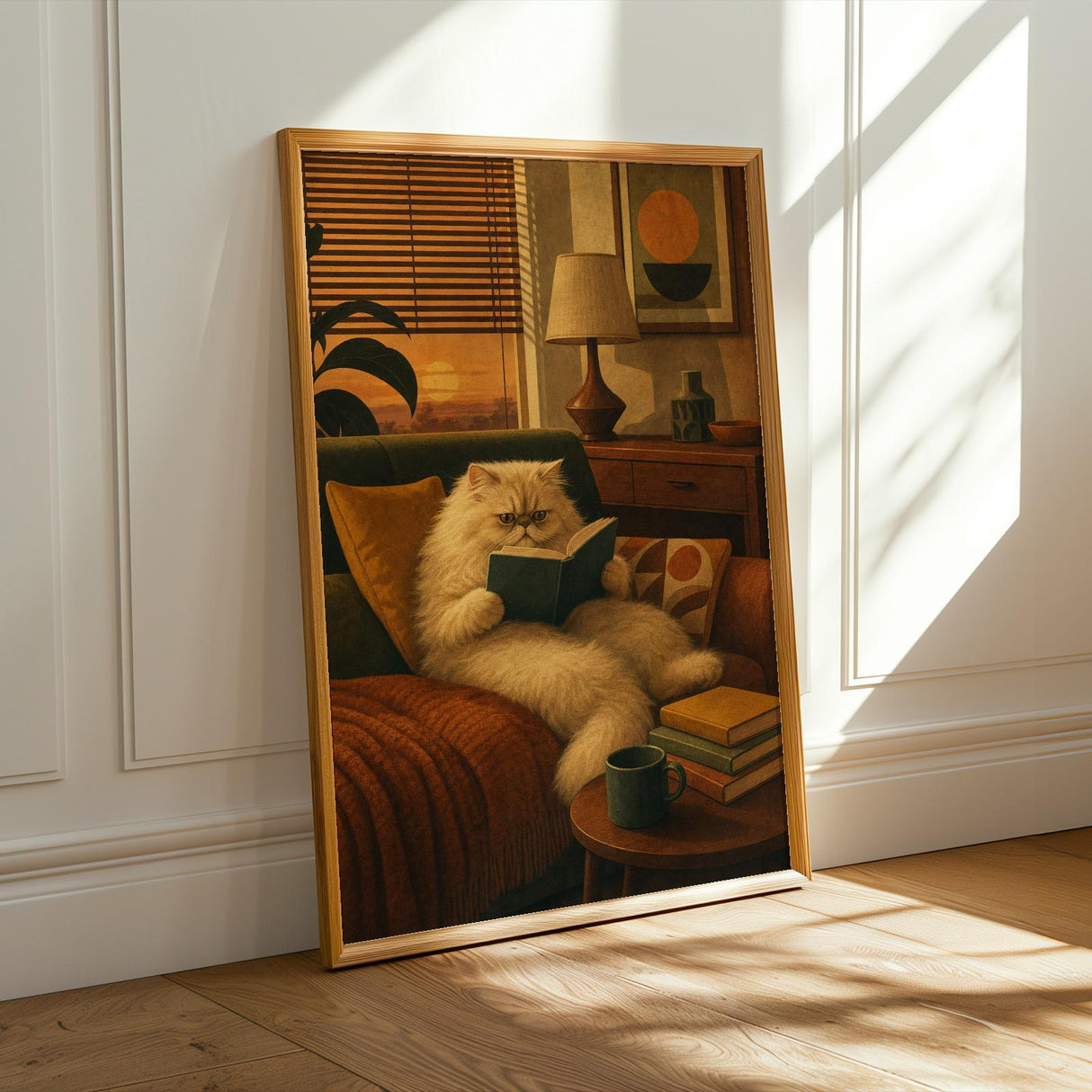 Persian Cat Reading in Armchair Poster | Retro Modern Cat Wall Art | Mustard Yellow Walnut Brown Decor | Cozy Mid Century Living Room Print
