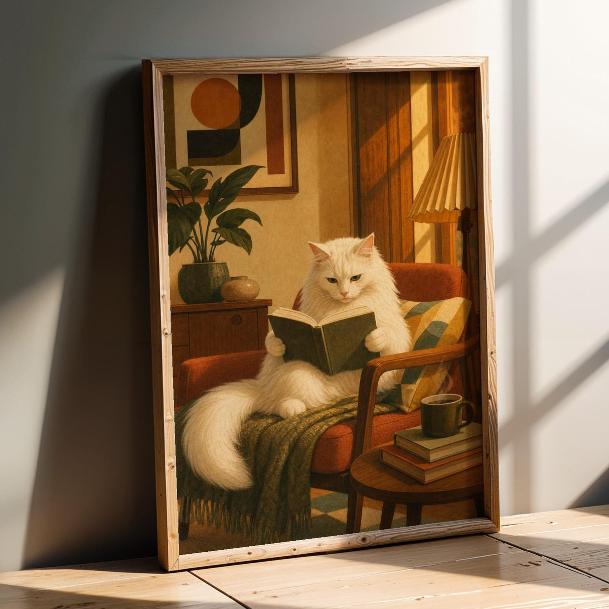 Turkish Angora Cat Reading in Armchair Poster | Retro Modern Cat Wall Art | Warm Cream Yellow Decor | Cozy Mid Century Living Room Print