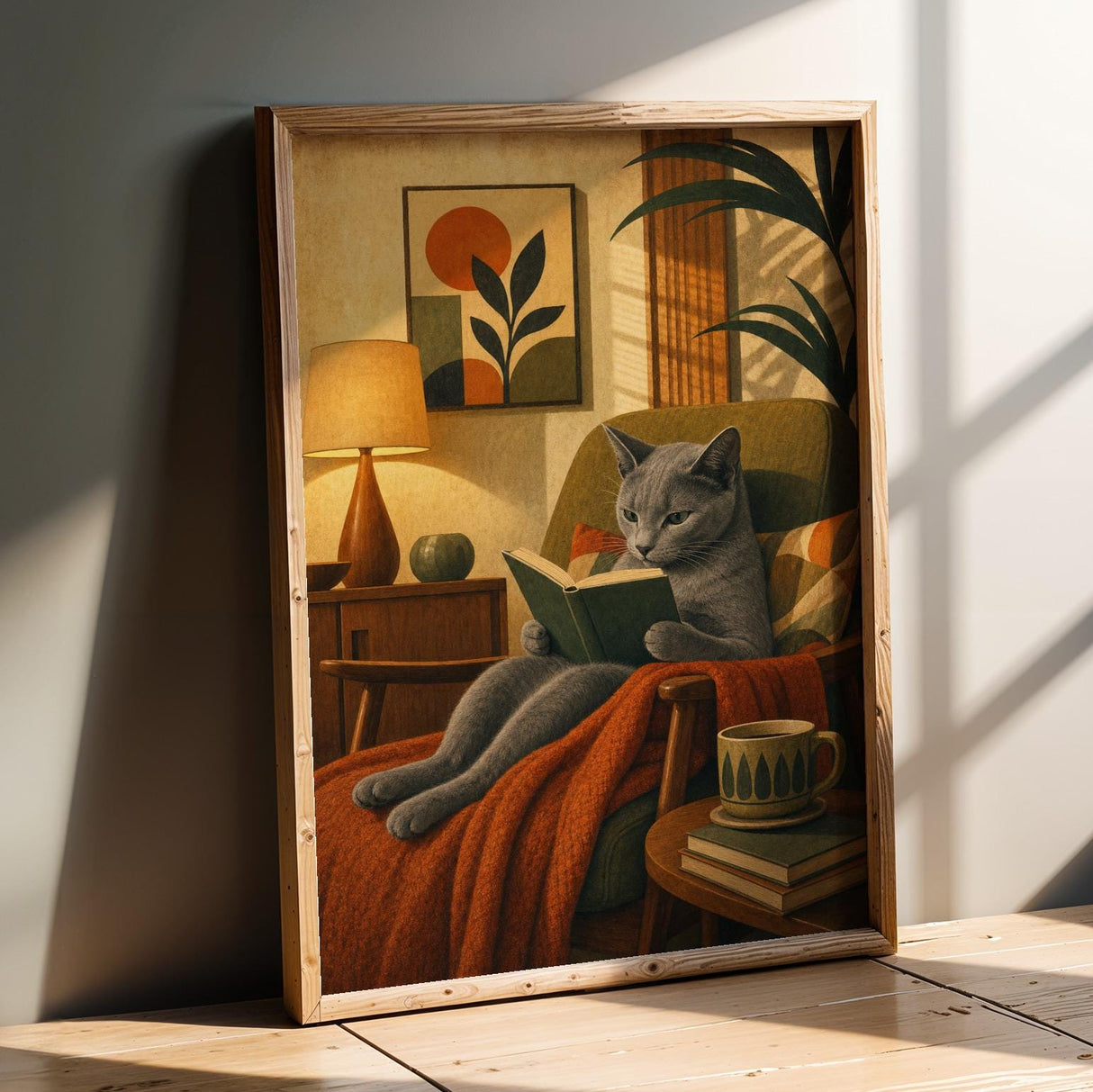 Russian Blue Cat Reading Book Poster | Modern Cat Wall Art Print | Warm Cream Mustard Yellow Decor | Literary Cat Lover Gift | Office Decor