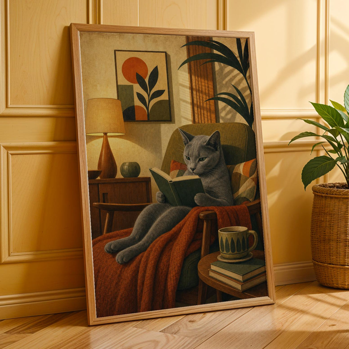 Russian Blue Cat Reading Book Poster | Modern Cat Wall Art Print | Warm Cream Mustard Yellow Decor | Literary Cat Lover Gift | Office Decor