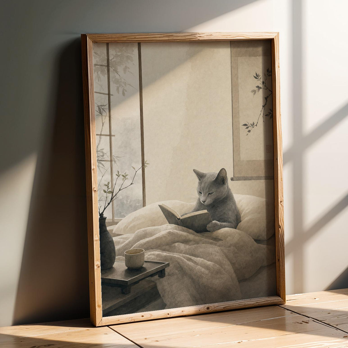 Fog Gray Zen Cat Poster | Modern Sumi-E Paper Print | Russian Blue Cat Wall Print | Japanese Zen Printable Art | Bedroom Decor Posters