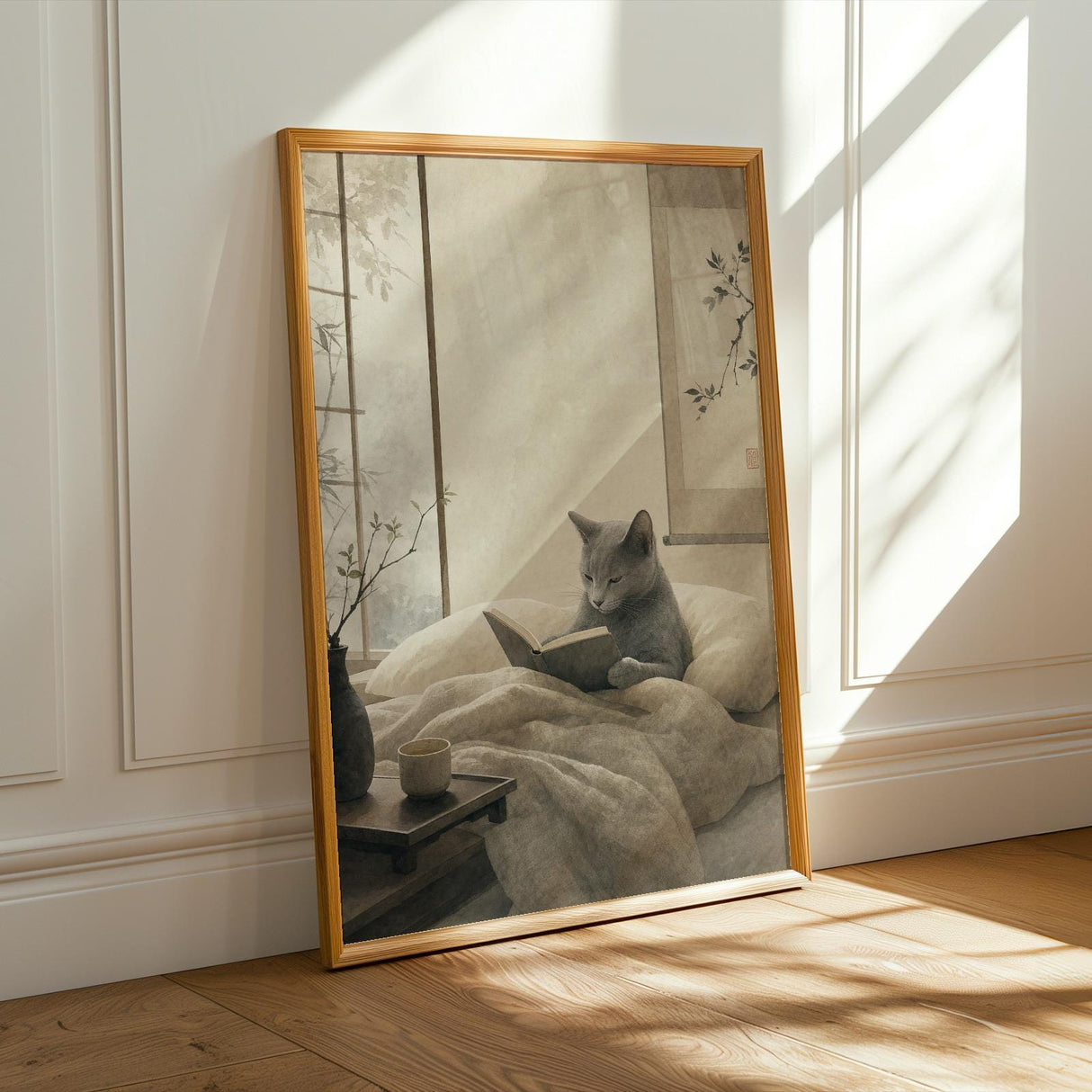 Fog Gray Zen Cat Poster | Modern Sumi-E Paper Print | Russian Blue Cat Wall Print | Japanese Zen Printable Art | Bedroom Decor Posters