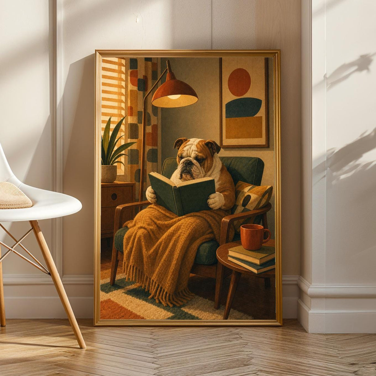 English Bulldog Reading a Book Poster | Modern Dog Wall Art Print | Mustard Yellow Burnt Orange Decor | Cozy Reading Nook Art