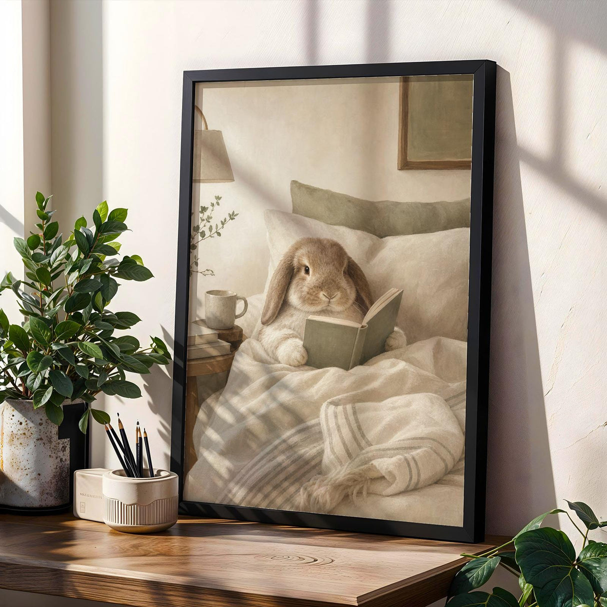 Holland Lop Rabbit Reading in Bed Poster | Scandinavian Gouache Bunny Wall Art | Warm Oat Milk Neutral Decor | Cozy Minimalist Bedroom Print