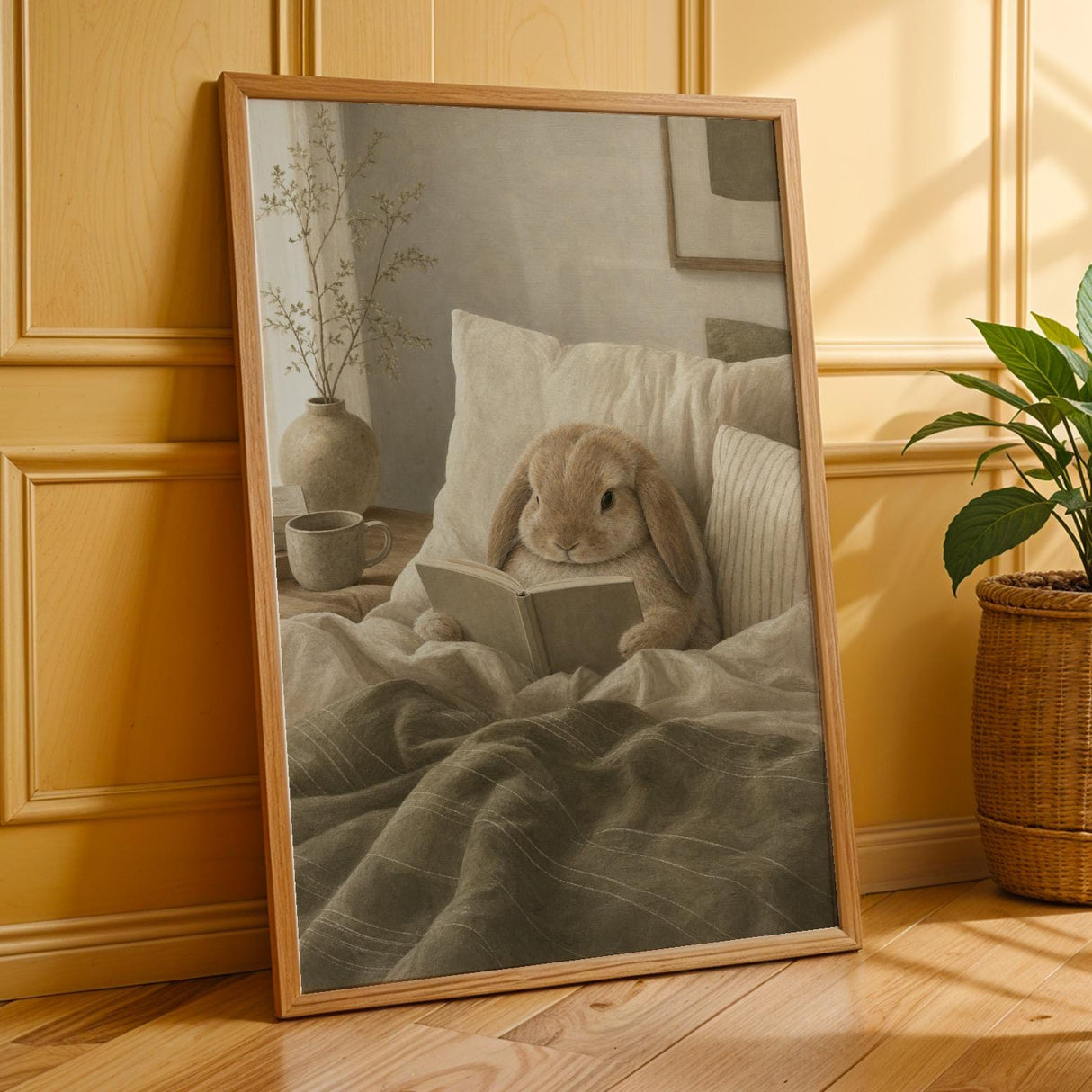 Mini Lop Rabbit Reading in Bed Poster | Modern Gouache Bunny Wall Art | Warm Beige Dusty Sage Decor | Cozy Scandinavian Bedroom Print