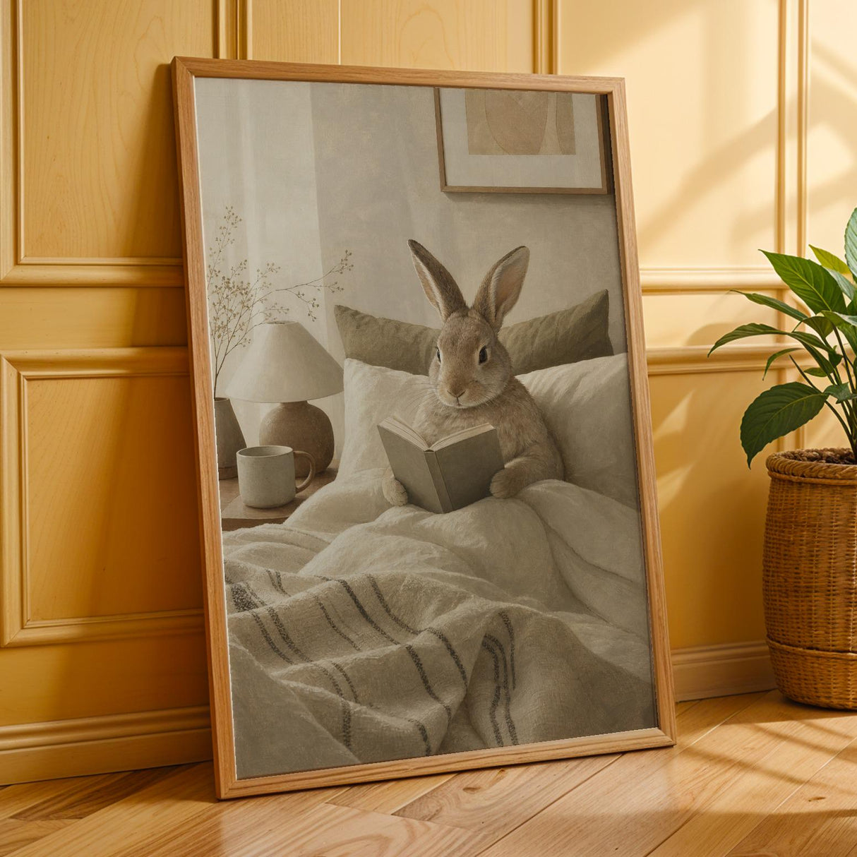 Californian Rabbit Reading in Bed Poster | Modern Gouache Bunny Wall Art | Warm Beige Oat Milk Decor | Cozy Scandinavian Bedroom Print