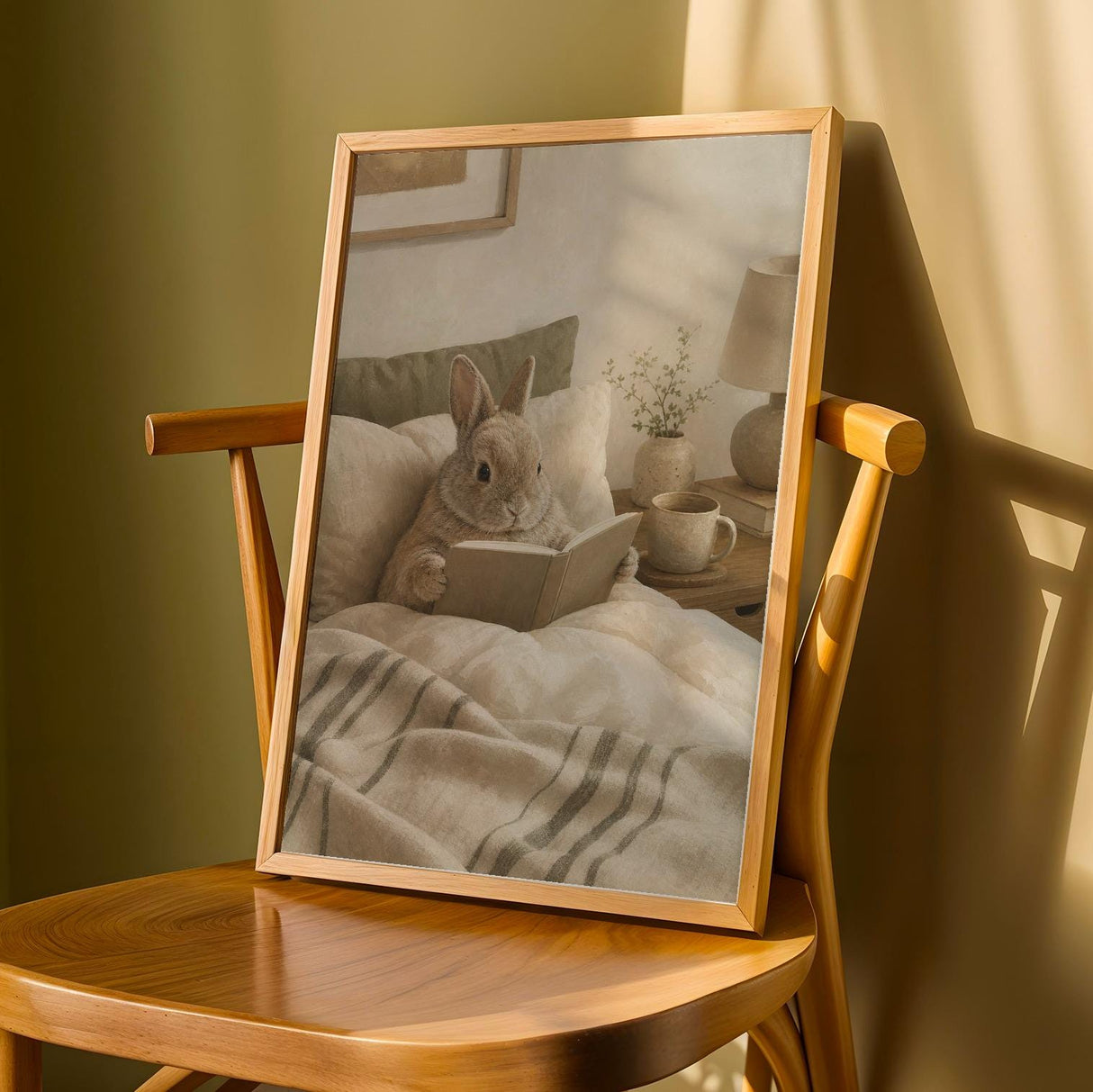 Netherland Dwarf Rabbit Reading in Bed Poster | Modern Gouache Bunny Wall Art | Warm Neutral Bedroom Decor | Cozy Minimalist Nook Print