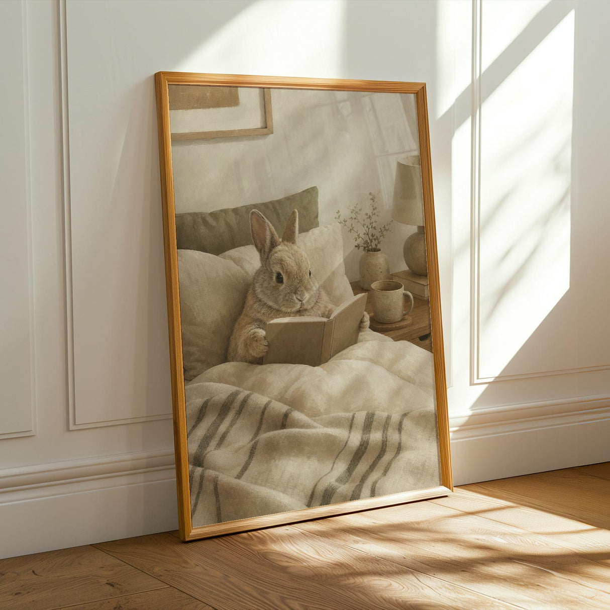 Netherland Dwarf Rabbit Reading in Bed Poster | Modern Gouache Bunny Wall Art | Warm Neutral Bedroom Decor | Cozy Minimalist Nook Print