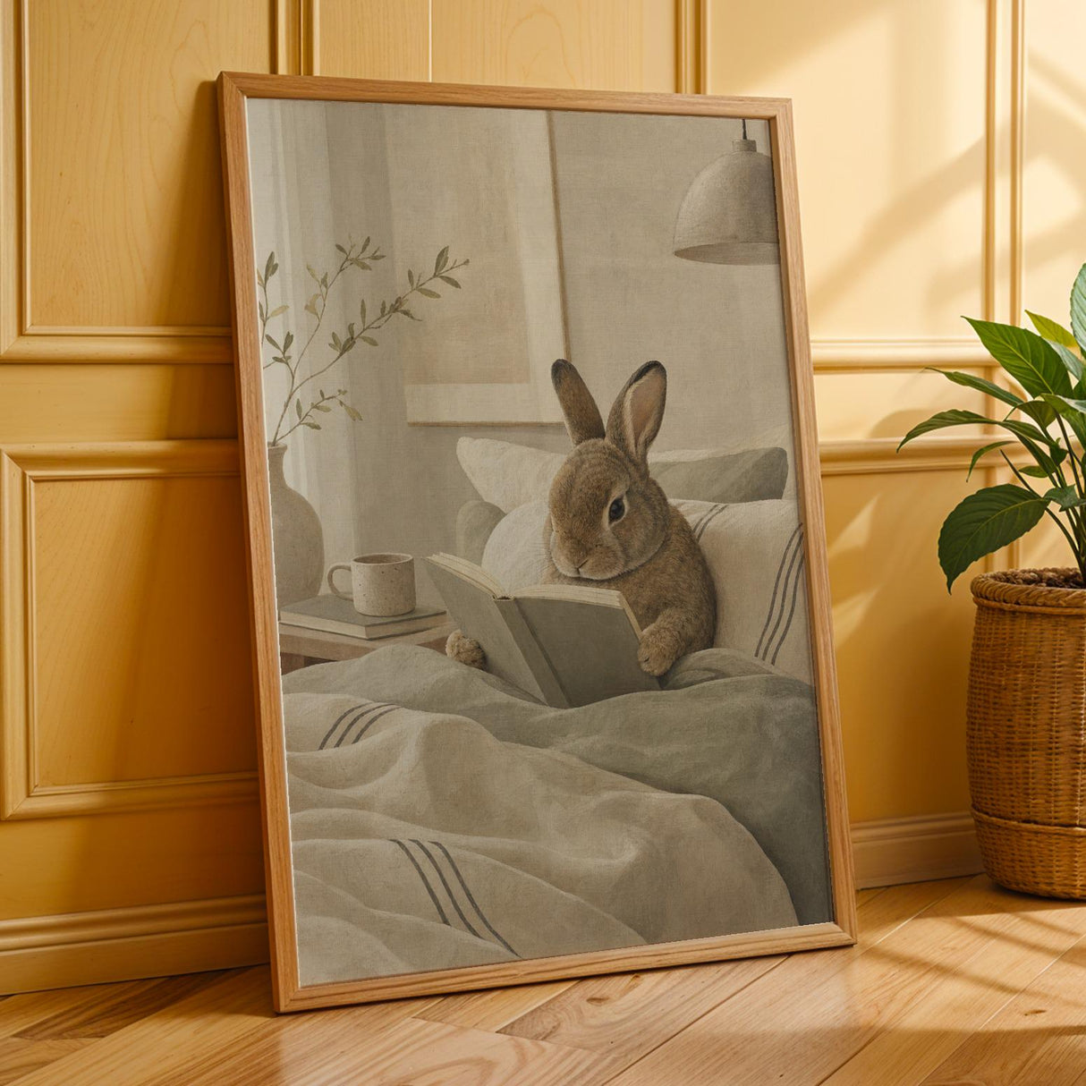 Mini Rex Rabbit Reading in Bed Poster | Scandinavian Gouache Bunny Wall Art | Warm Beige Oat Milk Decor | Cozy Nordic Bedroom Print