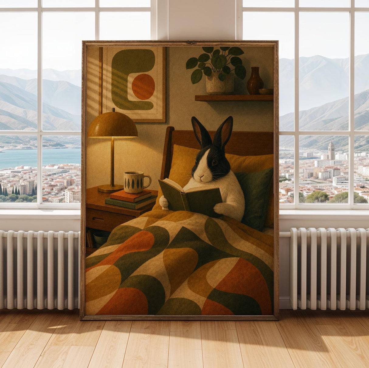 Dutch Rabbit Reading in Armchair Poster | Mid Century Retro Bunny Wall Art | Yellow Green Decor | Cozy Modern Living Room Print
