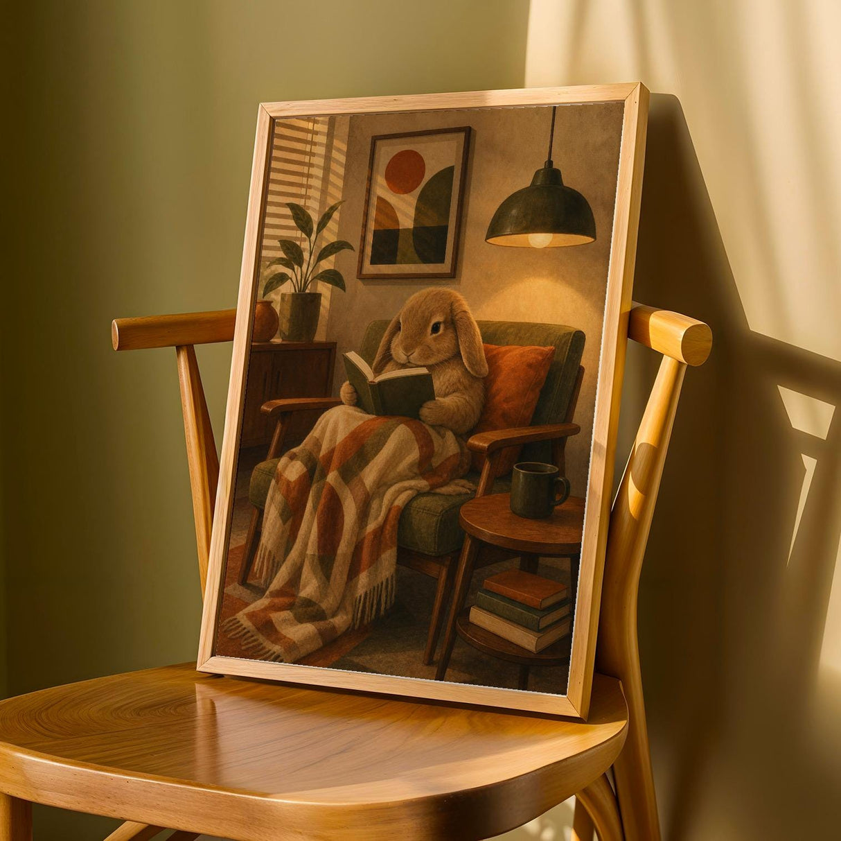 Mini Lop Rabbit Reading in Armchair Poster | Retro Modern Bunny Wall Art | Orange Olive Green Decor | Cozy Mid Century Living Room Print