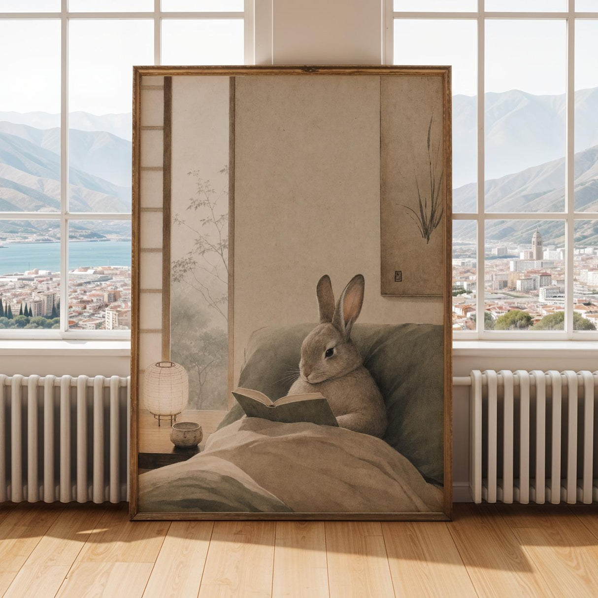 Californian Rabbit Reading in Bed Poster | Japanese Zen Sumi-e Bunny Wall Art | Warm Ivory Fog Gray Decor | Minimalist Bedroom Print