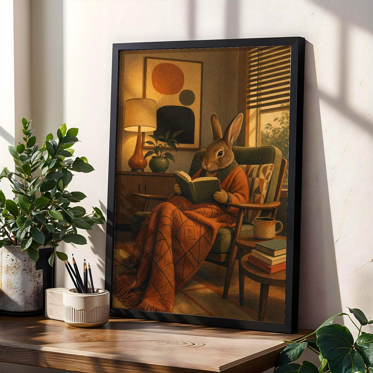Rex Rabbit Reading in Bed Poster | Modern Gouache Bunny Wall Art | Warm Neutral Bedroom Decor | Cozy Minimalist Nook Print
