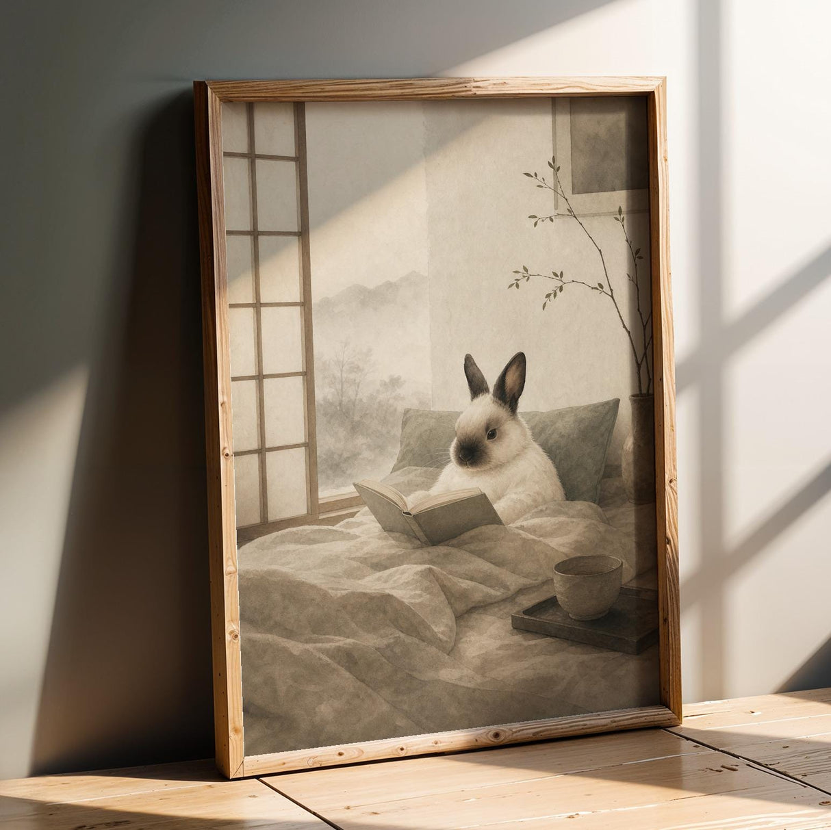 Himalayan Rabbit Reading in Bed Poster | Japanese Zen Ink Wash Bunny Wall Art | Warm Ivory Fog Gray Decor | Minimalist Bedroom Print