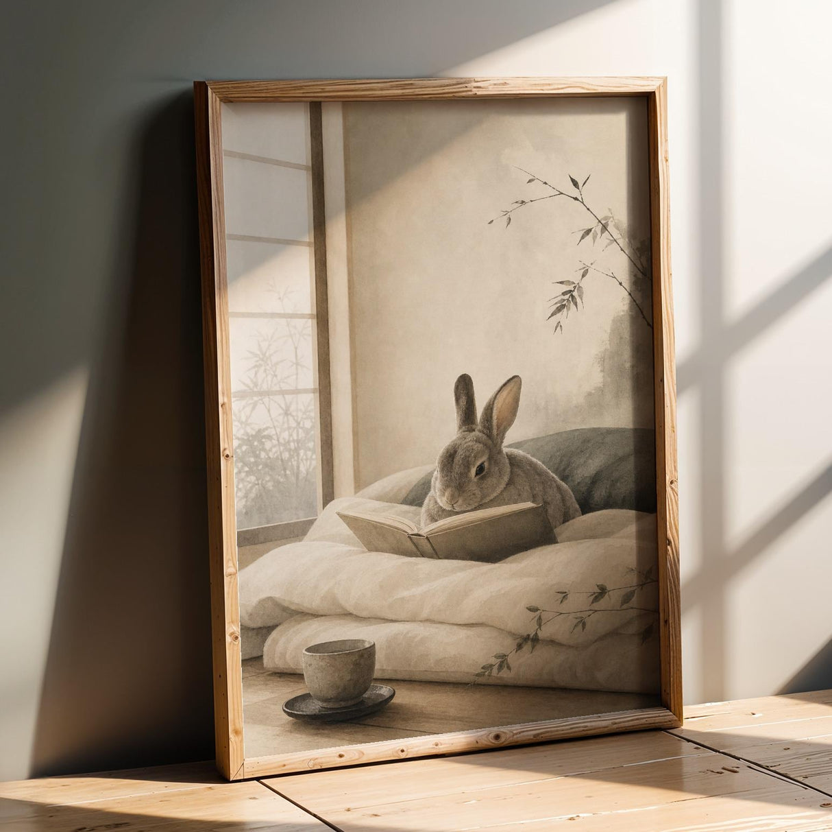 Mini Rex Rabbit Reading in Bed Poster | Japanese Zen Sumi-e Bunny Wall Art | Warm Ivory Fog Gray Decor | Minimalist Bedroom Print