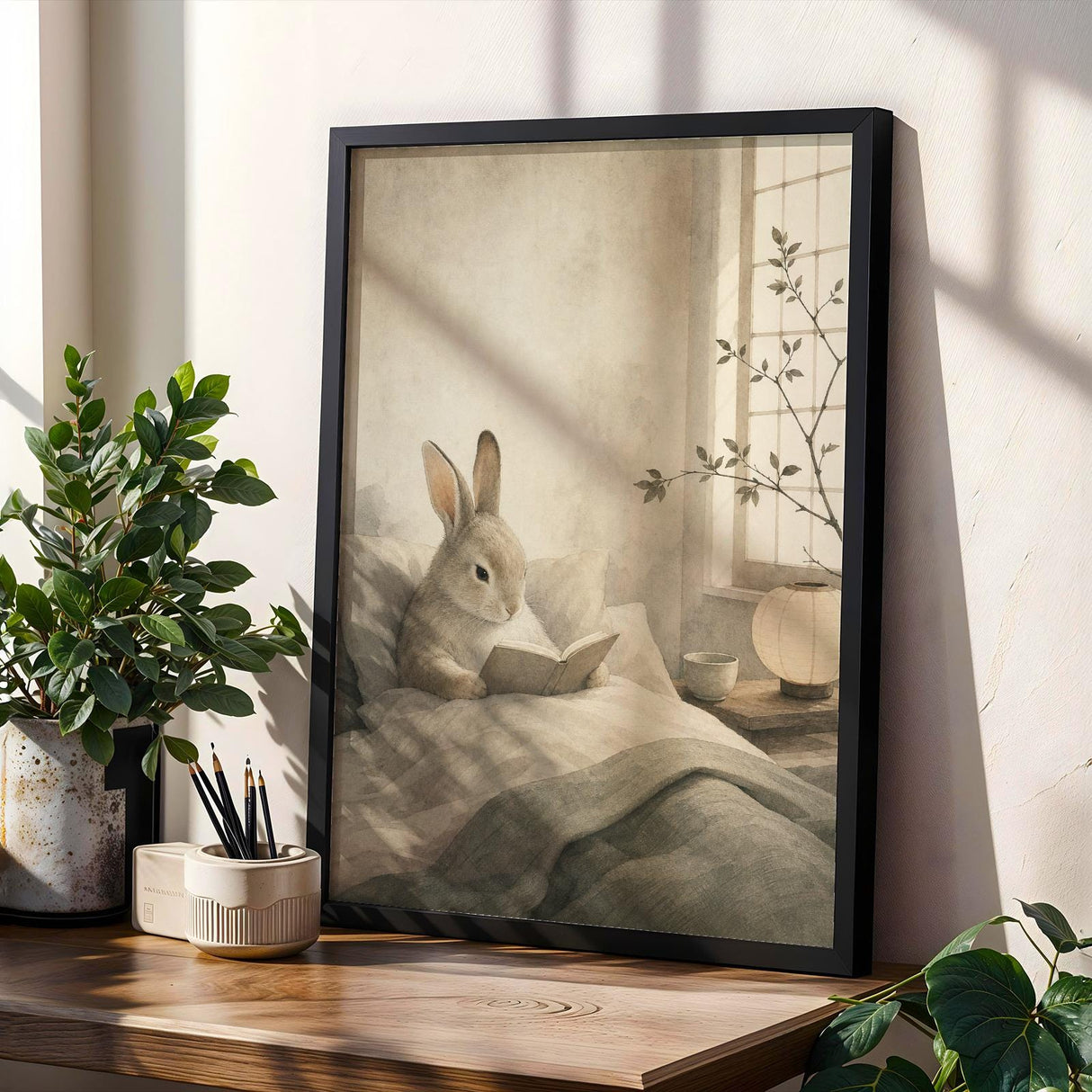 Satin Rabbit Reading in Bed Poster | Japanese Zen Sumi-e Bunny Wall Art | Warm Ivory Fog Gray Decor | Minimalist Bedroom Print