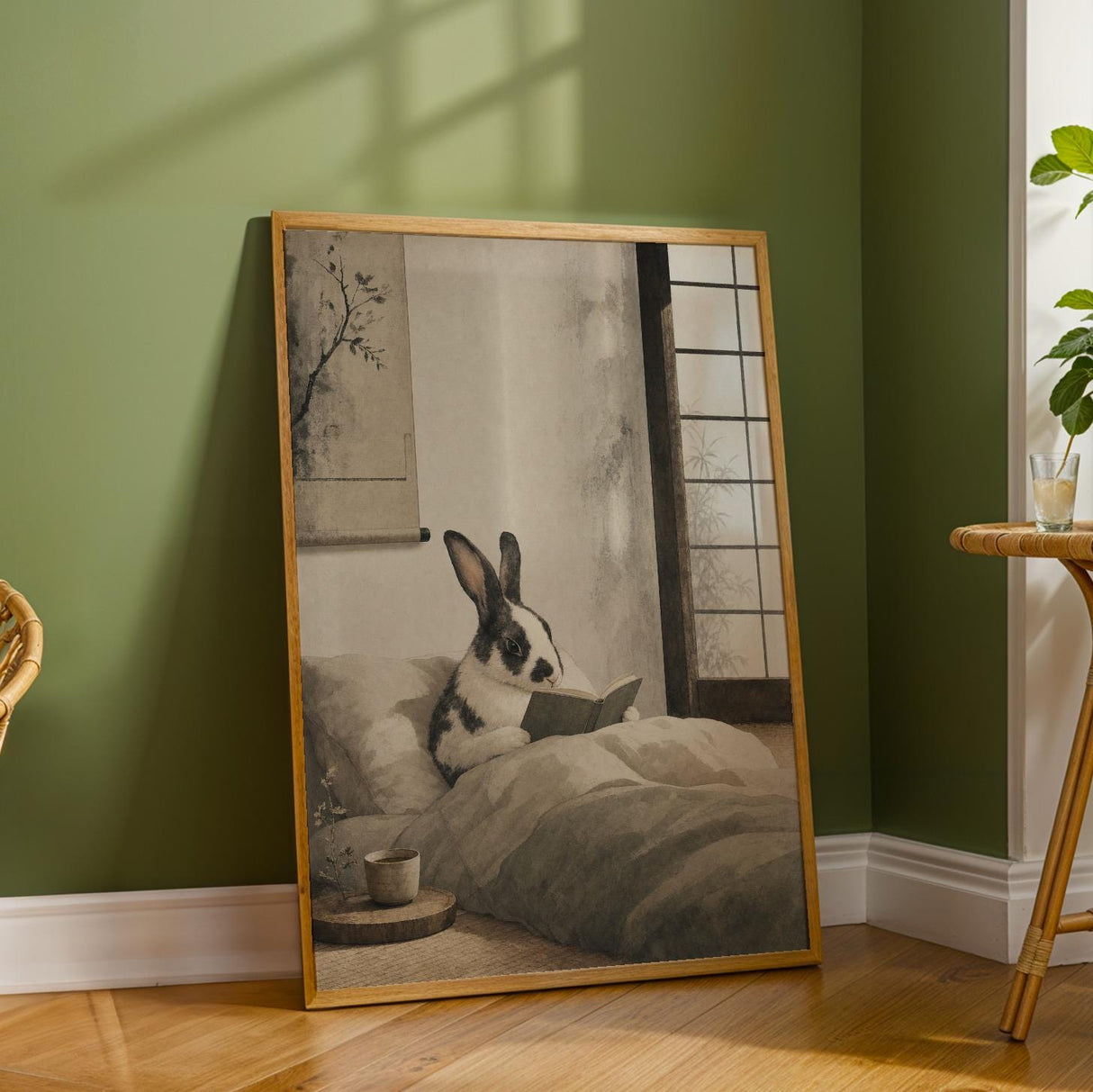 Harlequin Rabbit Reading in Bed Poster | Japanese Zen Sumi-e Bunny Wall Art | Warm Ivory Fog Gray Decor | Minimalist Bedroom Print