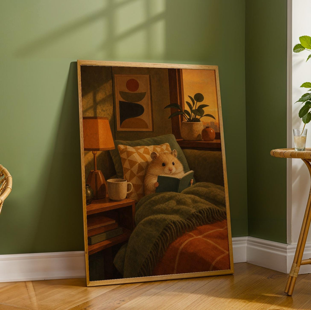 Teddy Bear Hamster Reading in Armchair Poster | Mid Century Modern Editorial Wall Art | Orange Yellow Decor | Cozy Retro Living Room Print