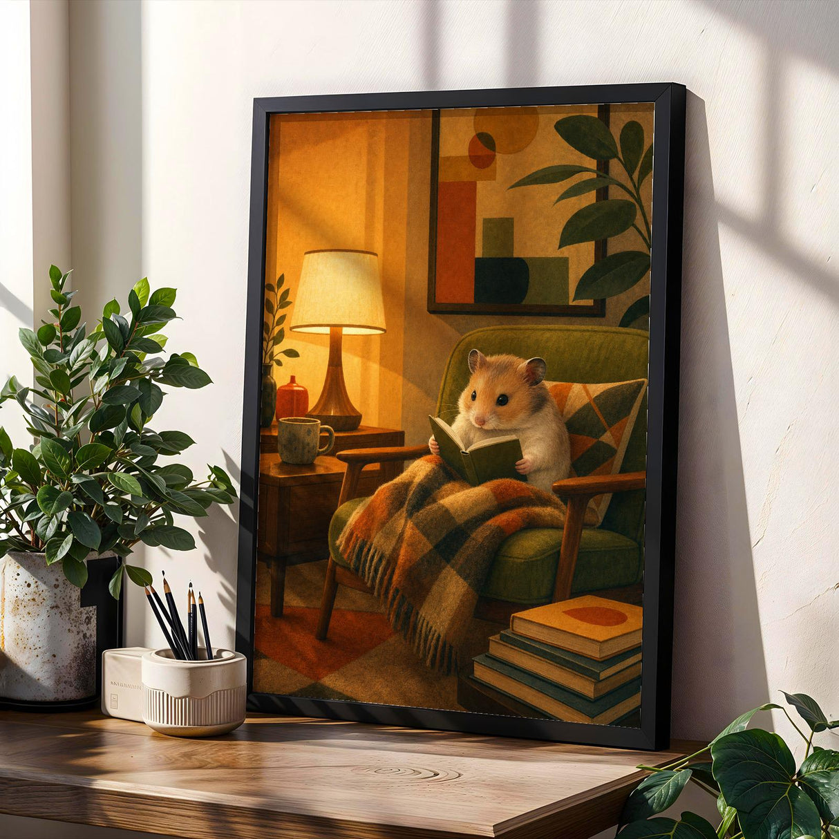 Chinese Hamster Reading in Armchair Poster | Retro Modern Hamster Wall Art | Orange Olive Green Decor | Cozy Mid Century Living Room Print