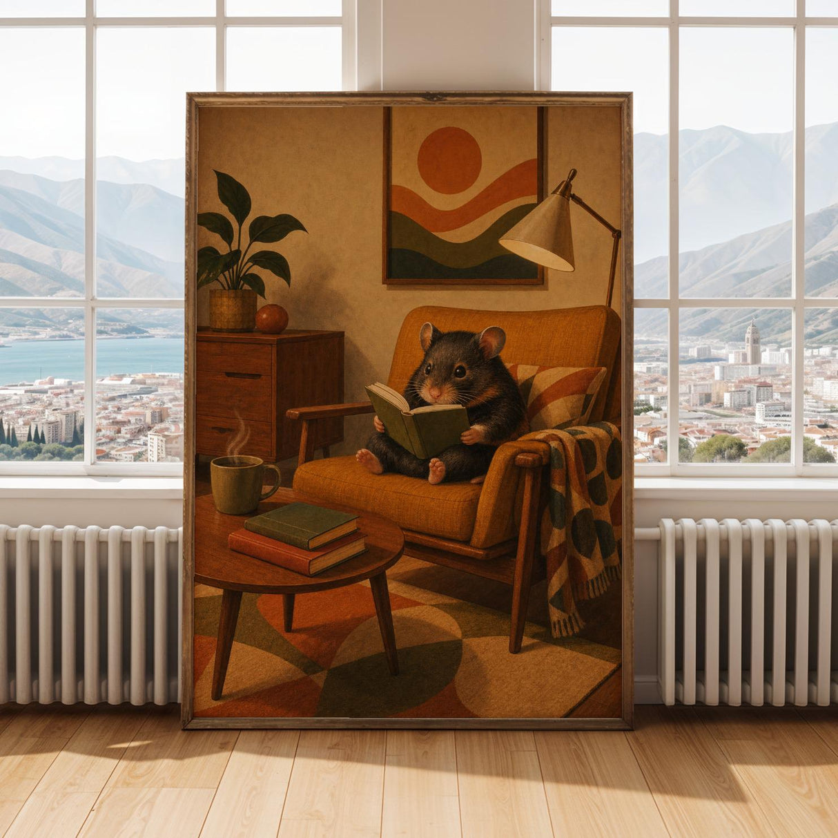 Hamster Reading in Armchair Poster | Retro Painterly Hamster Wall Art | Walnut Brown Burnt Orange Decor | Cozy Mid Century Living Room Print