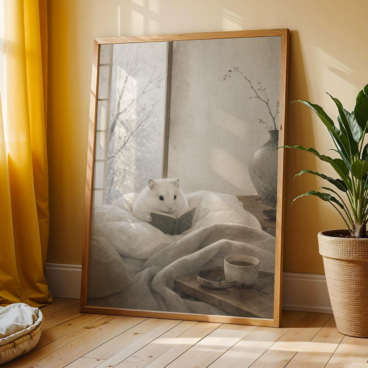 Winter White Hamster Reading in Bed Poster | Japanese Zen Sumi-e Hamster Wall Art | Warm Ivory Gray Decor | Minimalist Kyoto Bedroom Print